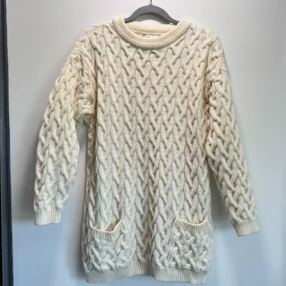Vintage‎ Italian Chunky Cable Knit Tunic Sweater Front Pockets Cream Wool Size M